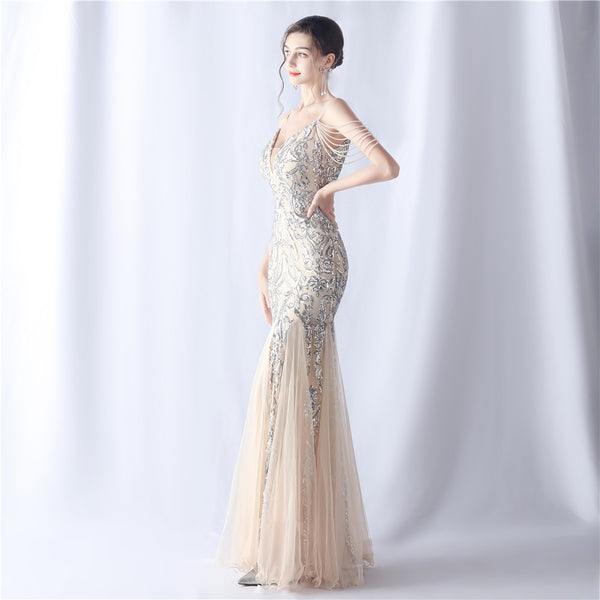 2024 High-End Gown with Floral Sequins & Beadwork