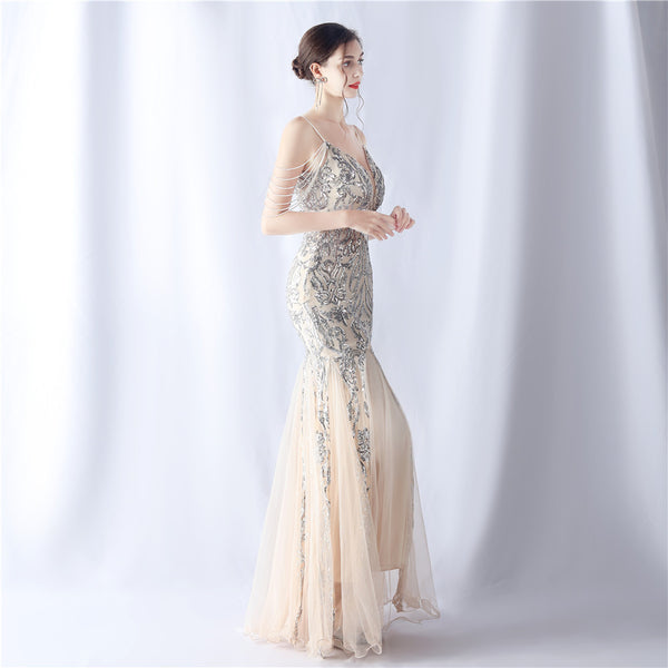 2024 High-End Gown with Floral Sequins & Beadwork