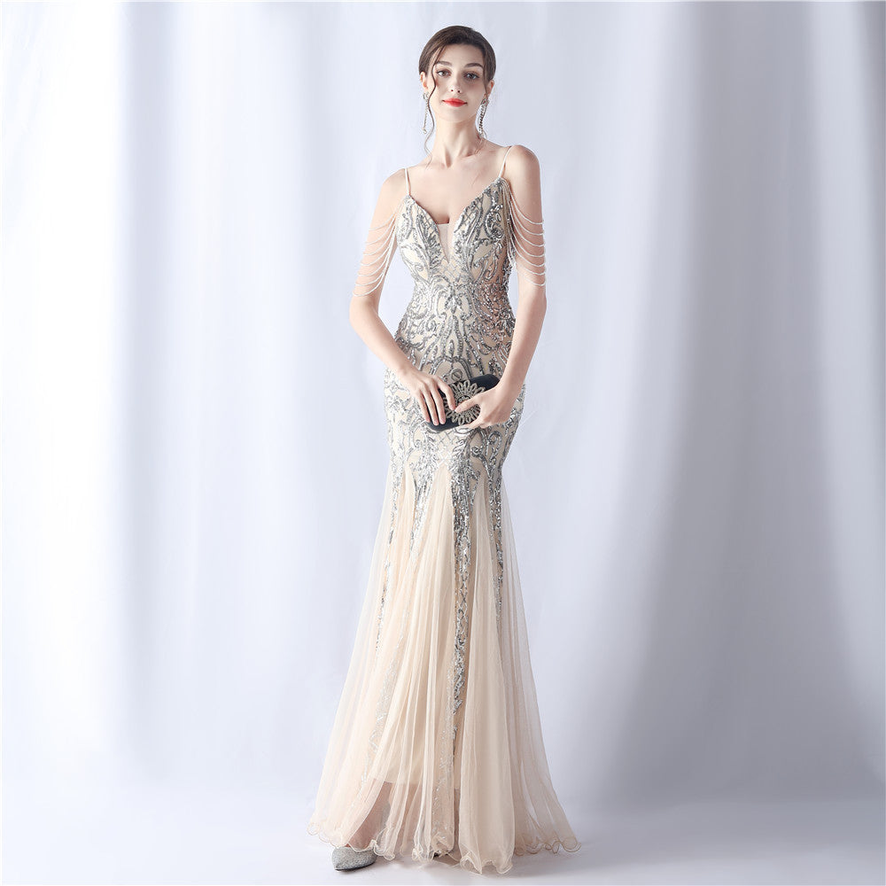 2024 High-End Gown with Floral Sequins & Beadwork