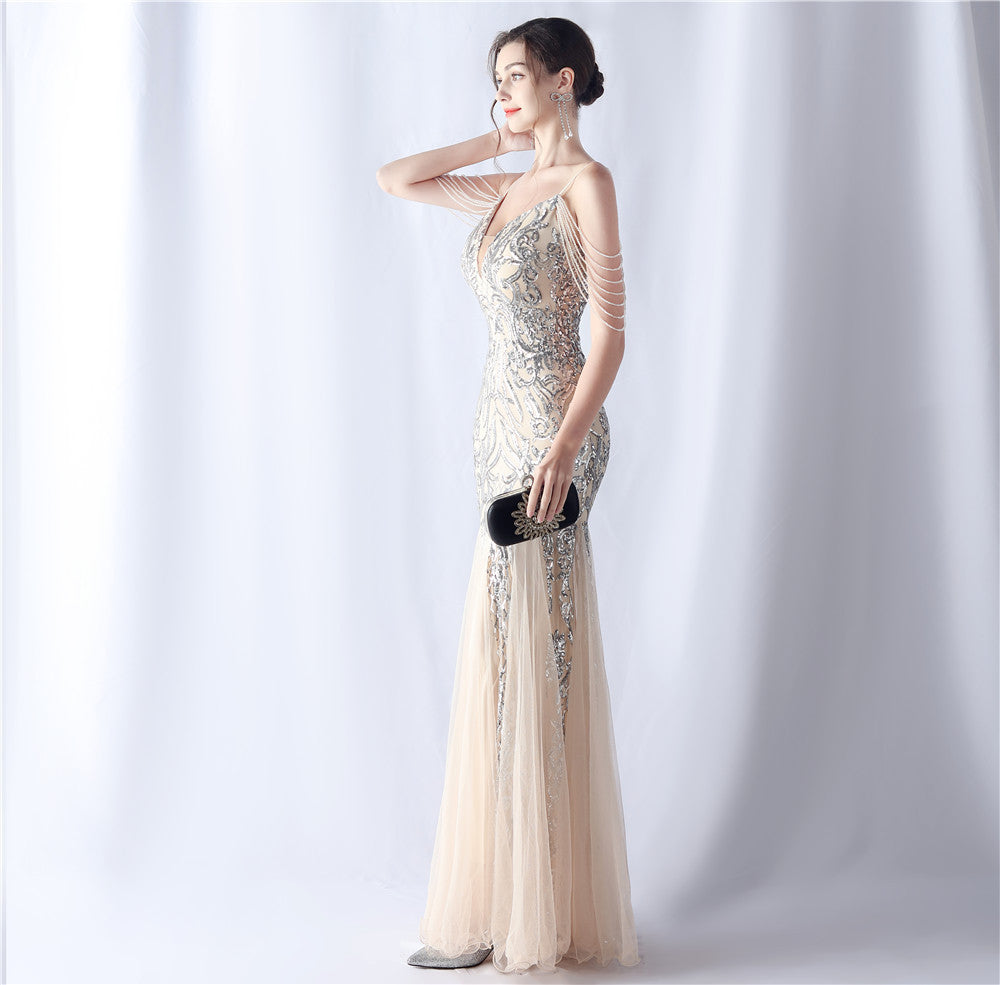 2024 High-End Gown with Floral Sequins & Beadwork