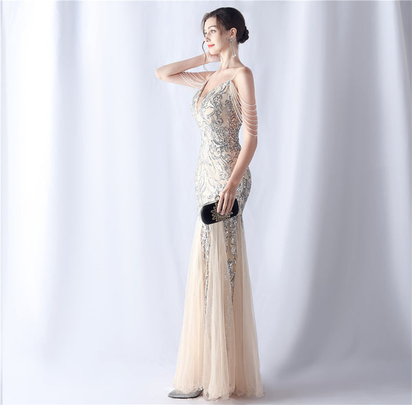 2024 High-End Gown with Floral Sequins & Beadwork