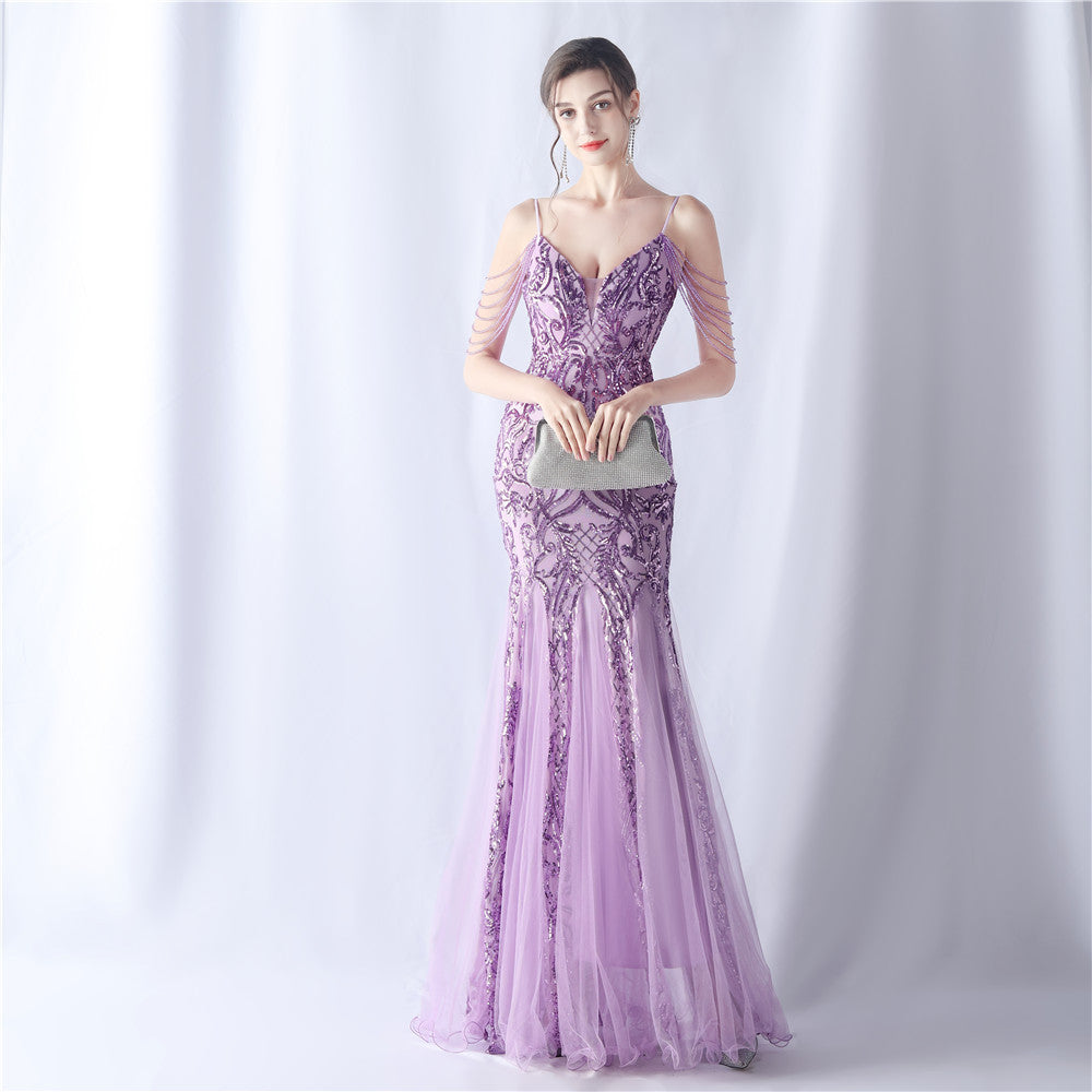 2024 High-End Gown with Floral Sequins & Beadwork