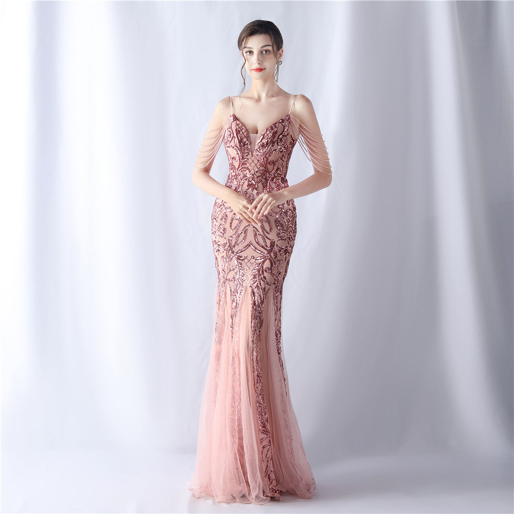 2024 High-End Gown with Floral Sequins & Beadwork