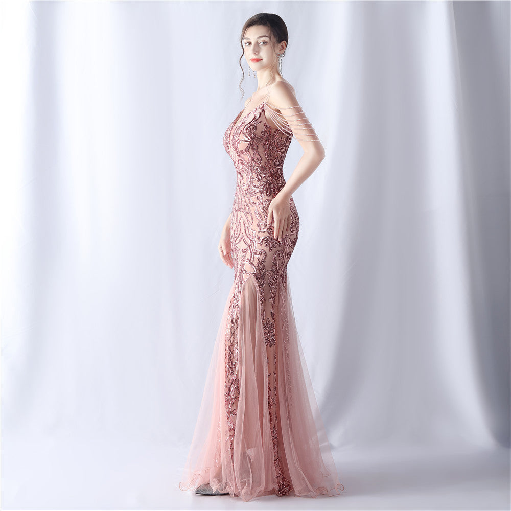 2024 High-End Gown with Floral Sequins & Beadwork