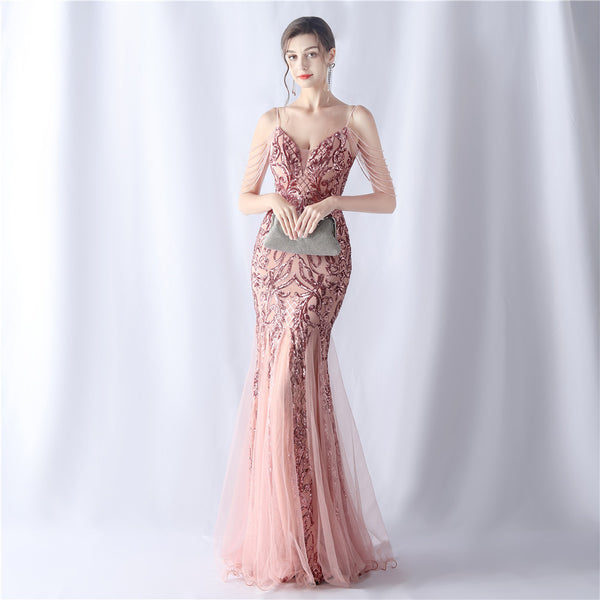 2024 High-End Gown with Floral Sequins & Beadwork