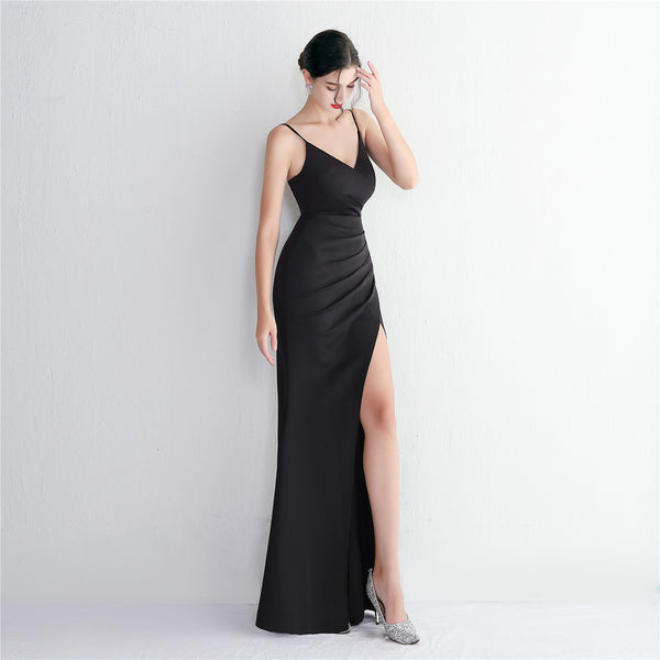 Satin Slit Mermaid Gown with Spaghetti Straps