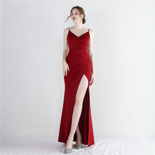 Satin Slit Mermaid Gown with Spaghetti Straps