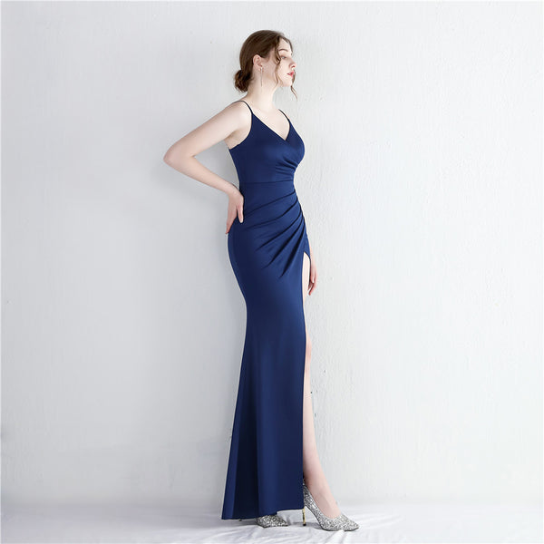 Satin Slit Mermaid Gown with Spaghetti Straps