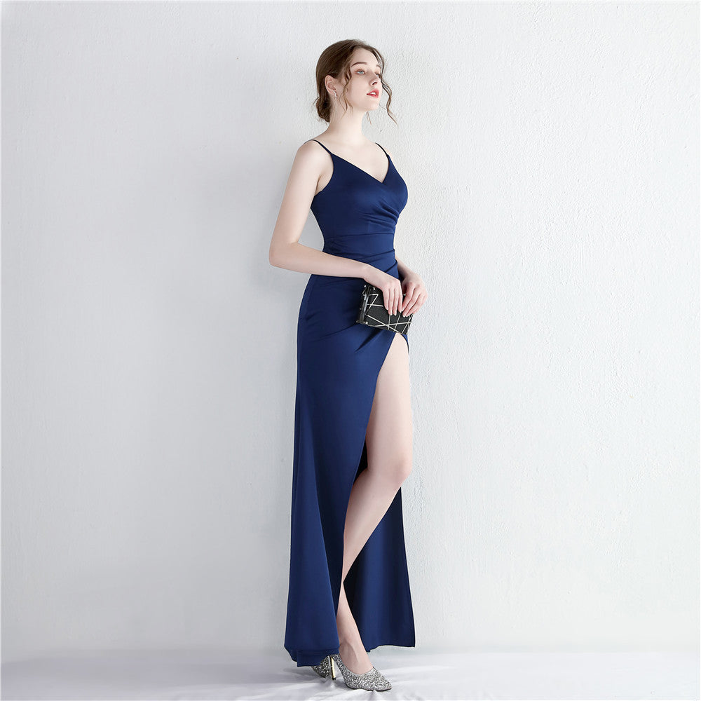 Saténové mořské šaty s rozparkem a tenkými ramínky