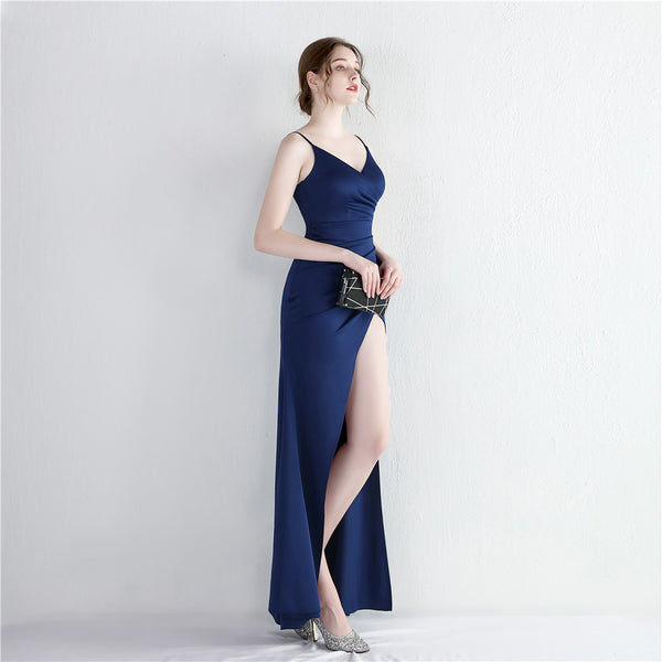 Satin Slit Mermaid Gown with Spaghetti Straps