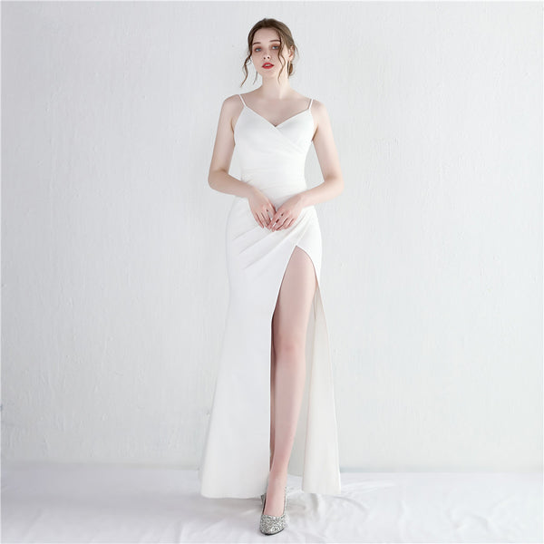 Satin Slit Mermaid Gown with Spaghetti Straps