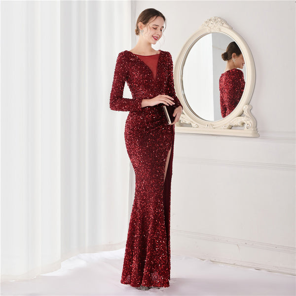 Elegant Long-Sleeve Sequin Mermaid Gown for a Daring Look