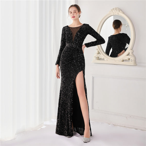Elegant Long-Sleeve Sequin Mermaid Gown for a Daring Look