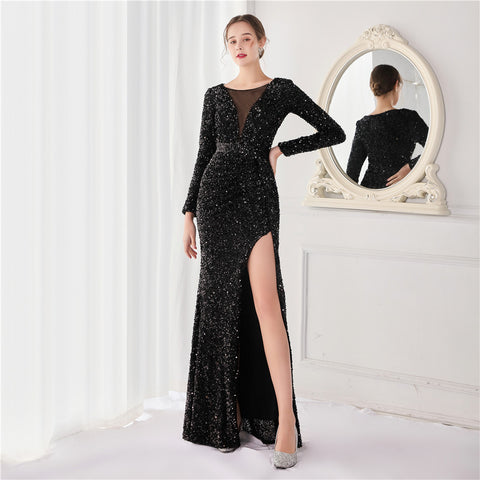 Elegant Long-Sleeve Sequin Mermaid Gown for a Daring Look