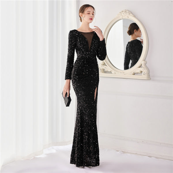 Elegant Long-Sleeve Sequin Mermaid Gown for a Daring Look