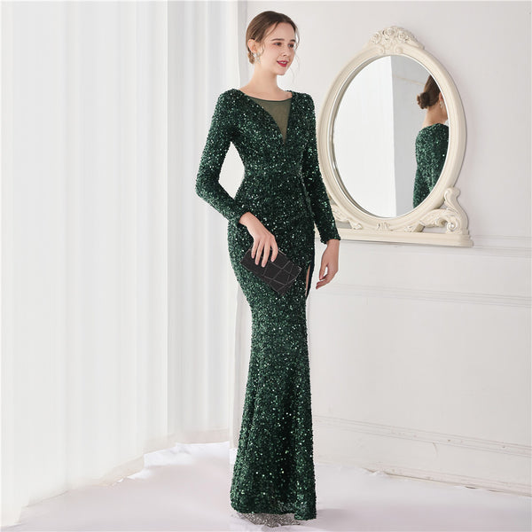 Elegant Long-Sleeve Sequin Mermaid Gown for a Daring Look