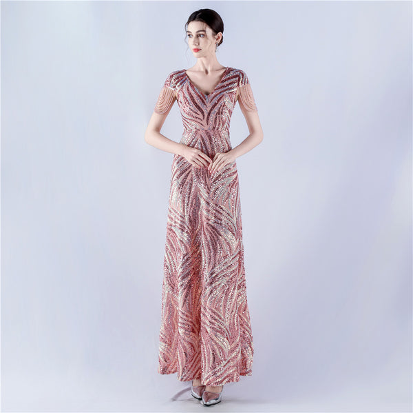 A-Line Evening Gown with Dense Sequins & Beading