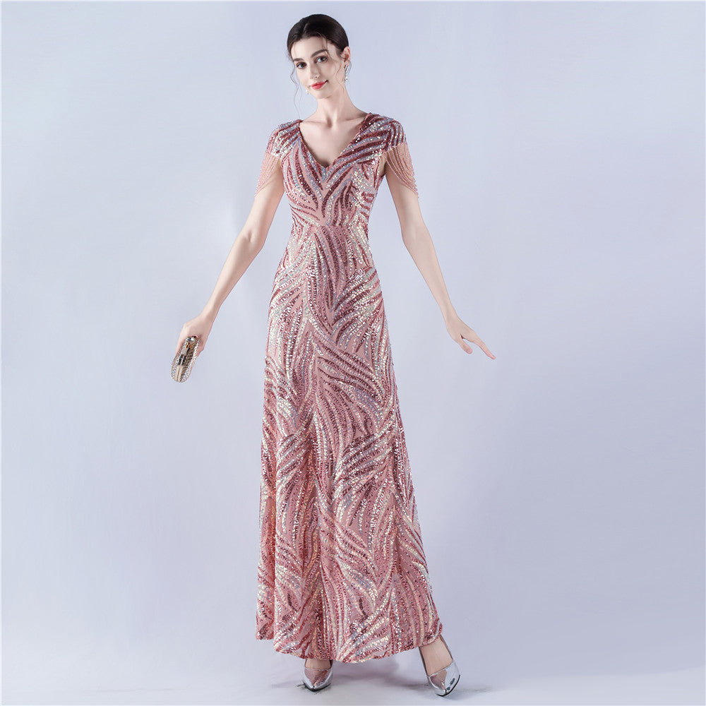 A-Line Evening Gown with Dense Sequins & Beading