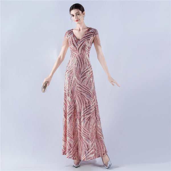A-Line Evening Gown with Dense Sequins & Beading