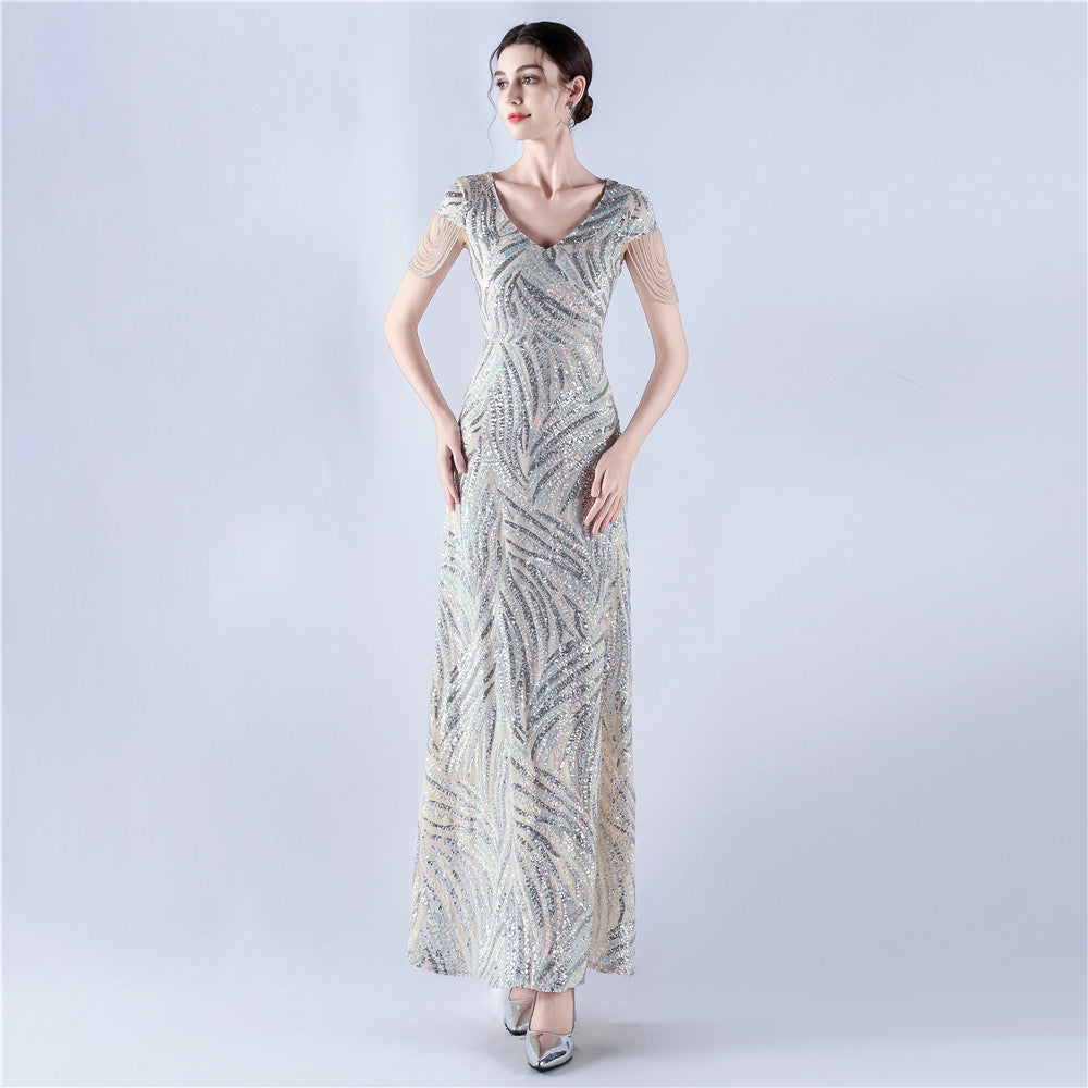 A-Line Evening Gown with Dense Sequins & Beading