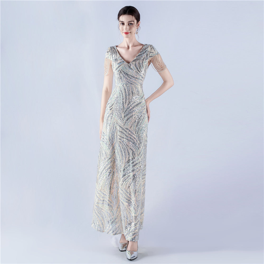 A-Line Evening Gown with Dense Sequins & Beading