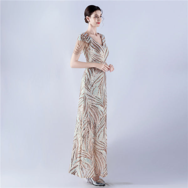 A-Line Evening Gown with Dense Sequins & Beading