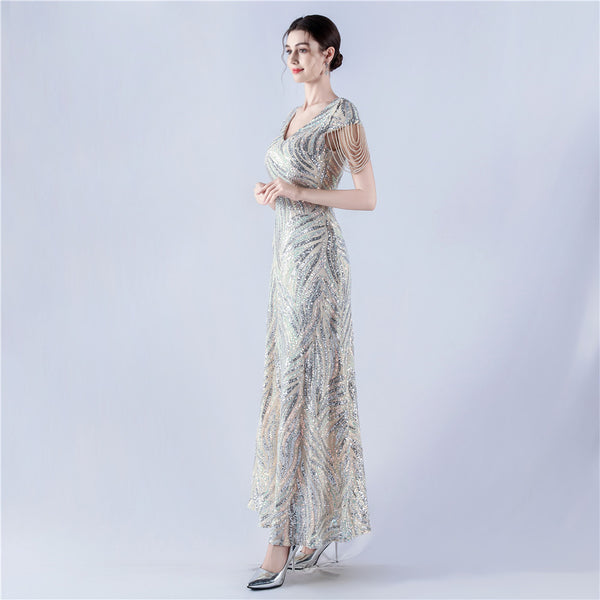 A-Line Evening Gown with Dense Sequins & Beading