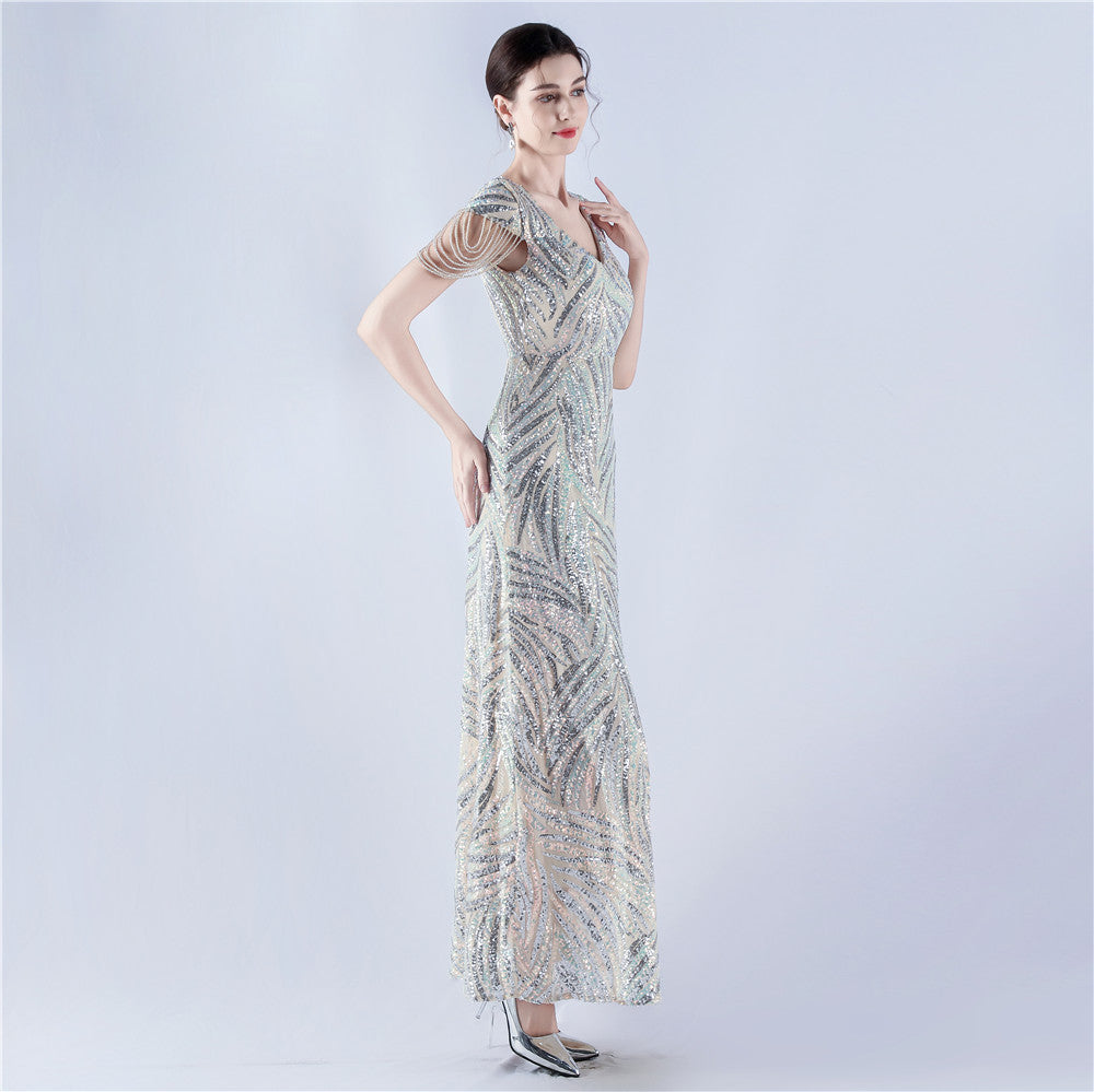 A-Line Evening Gown with Dense Sequins & Beading