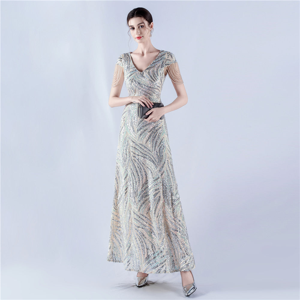 A-Line Evening Gown with Dense Sequins & Beading