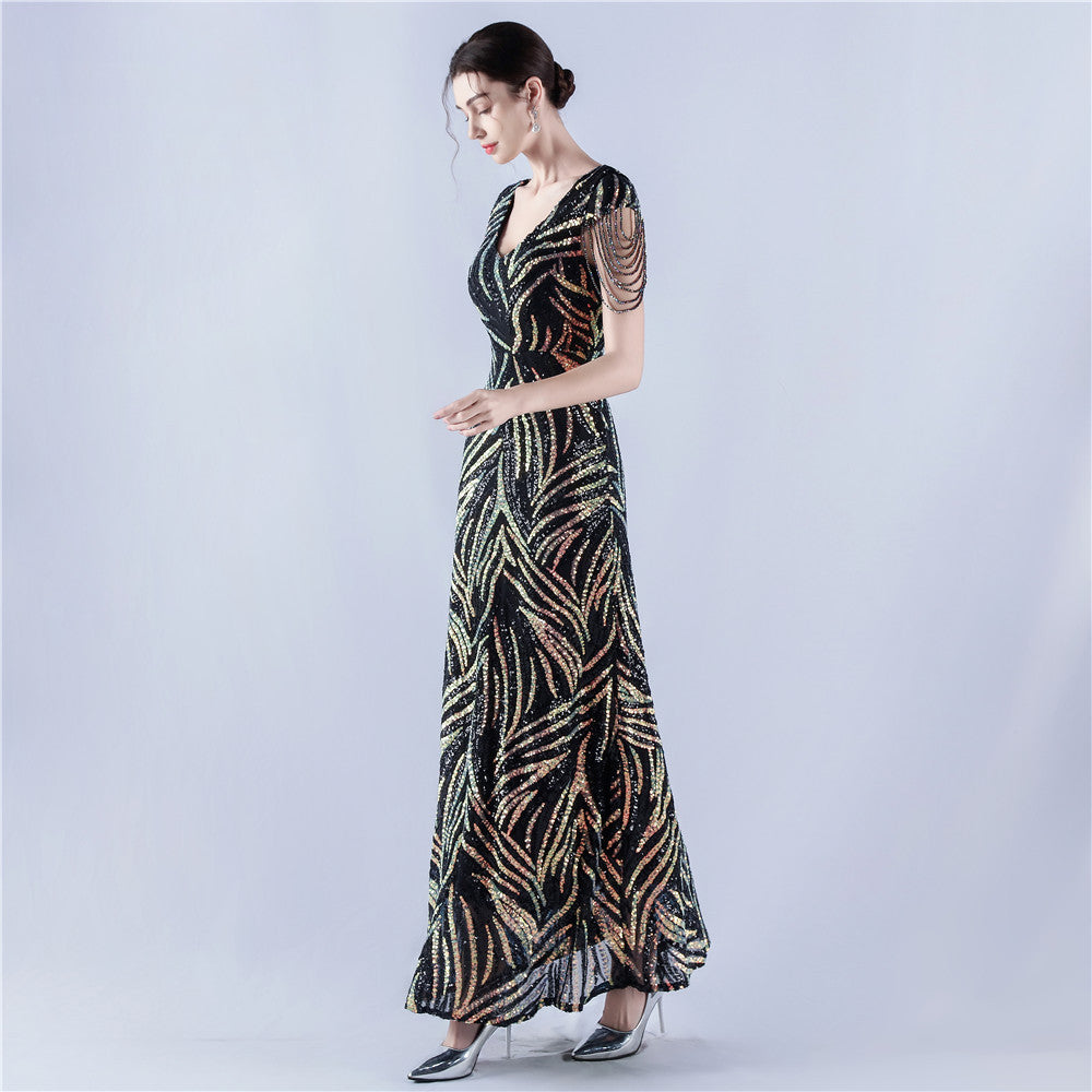 A-Line Evening Gown with Dense Sequins & Beading