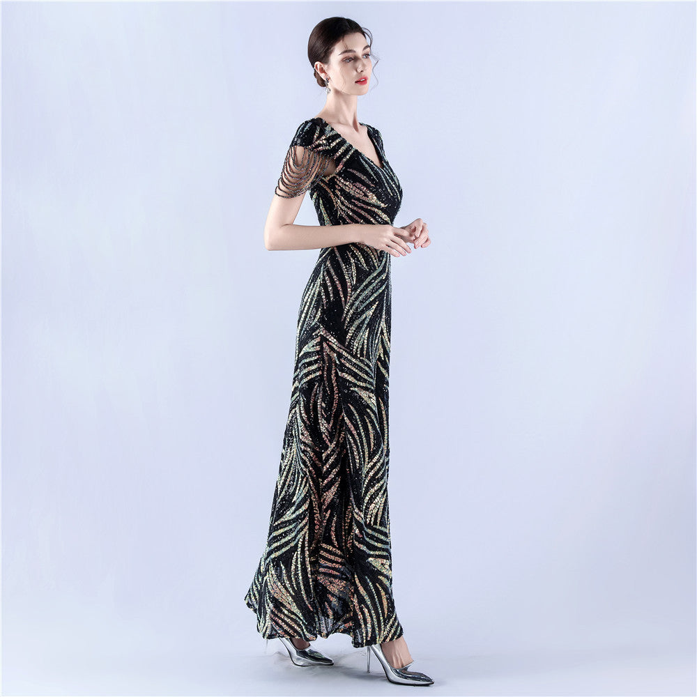 A-Line Evening Gown with Dense Sequins & Beading