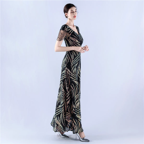 A-Line Evening Gown with Dense Sequins & Beading