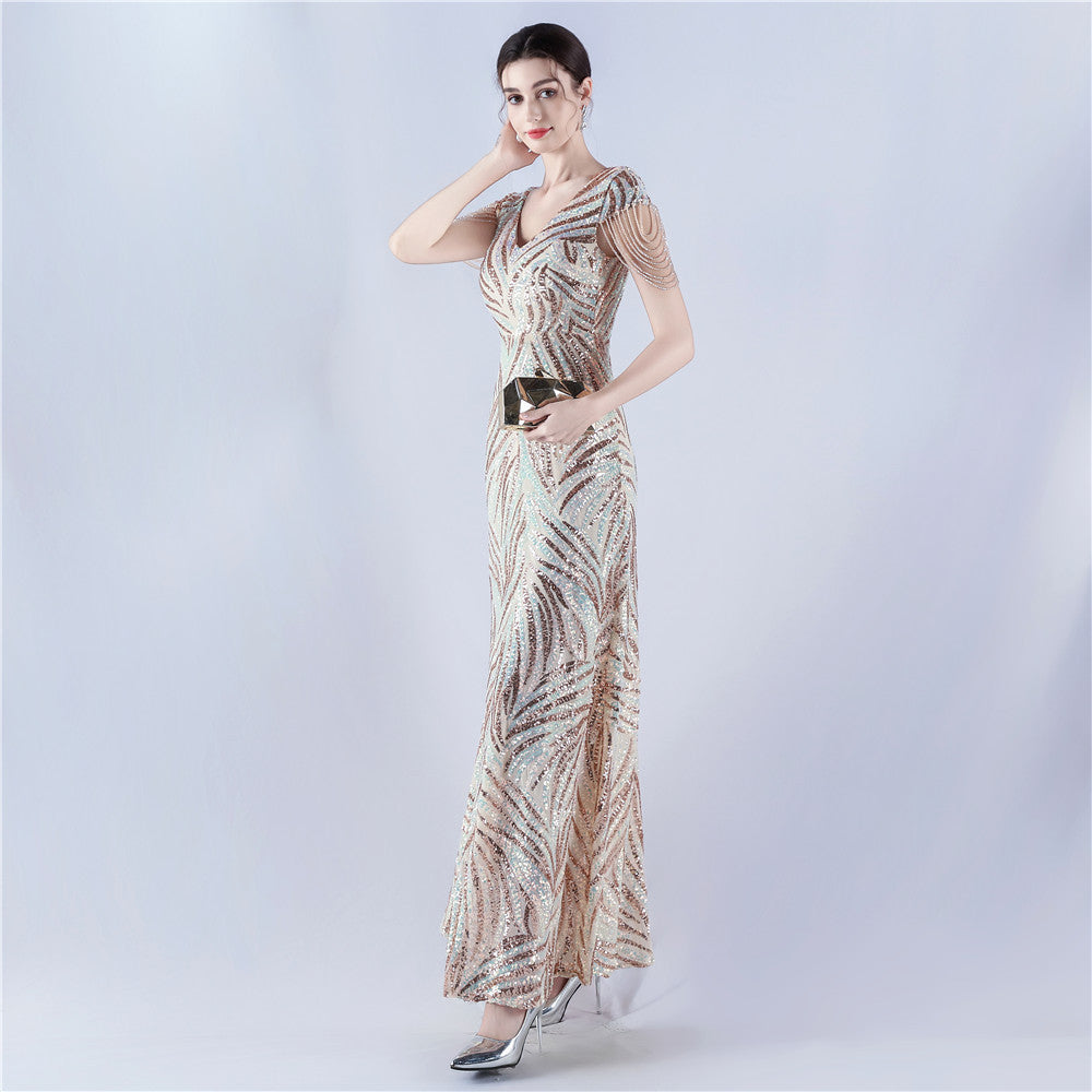 A-Line Evening Gown with Dense Sequins & Beading
