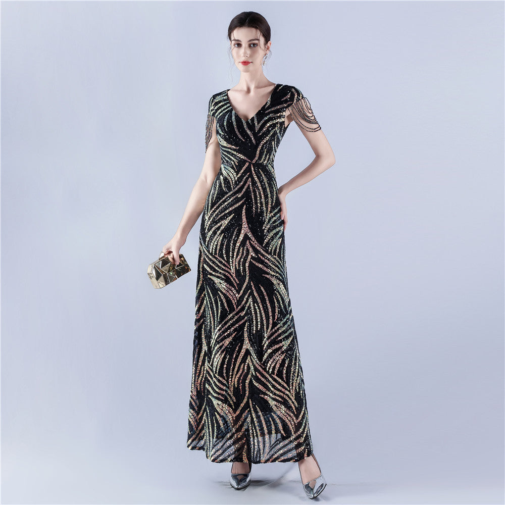 A-Line Evening Gown with Dense Sequins & Beading