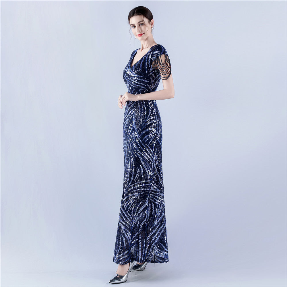 A-Line Evening Gown with Dense Sequins & Beading