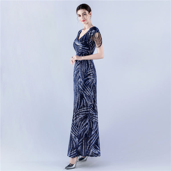 A-Line Evening Gown with Dense Sequins & Beading