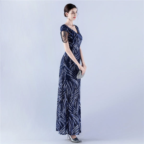 A-Line Evening Gown with Dense Sequins & Beading