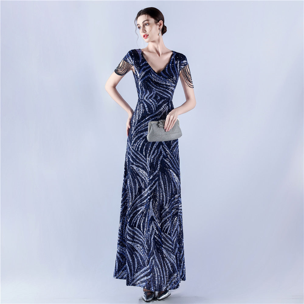 A-Line Evening Gown with Dense Sequins & Beading