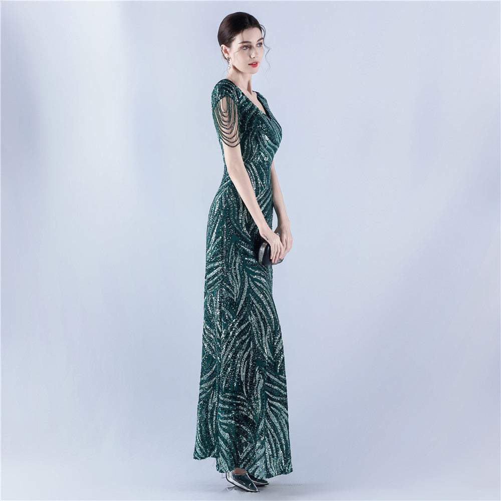 A-Line Evening Gown with Dense Sequins & Beading