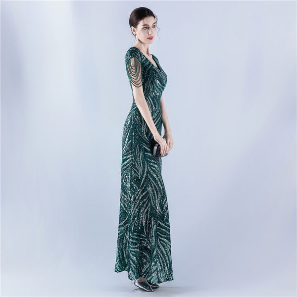 A-Line Evening Gown with Dense Sequins & Beading