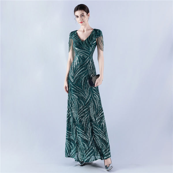 A-Line Evening Gown with Dense Sequins & Beading