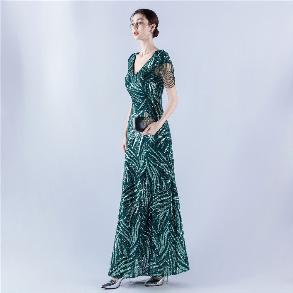 A-Line Evening Gown with Dense Sequins & Beading