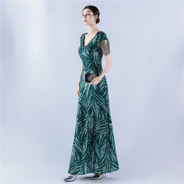 A-Line Evening Gown with Dense Sequins & Beading