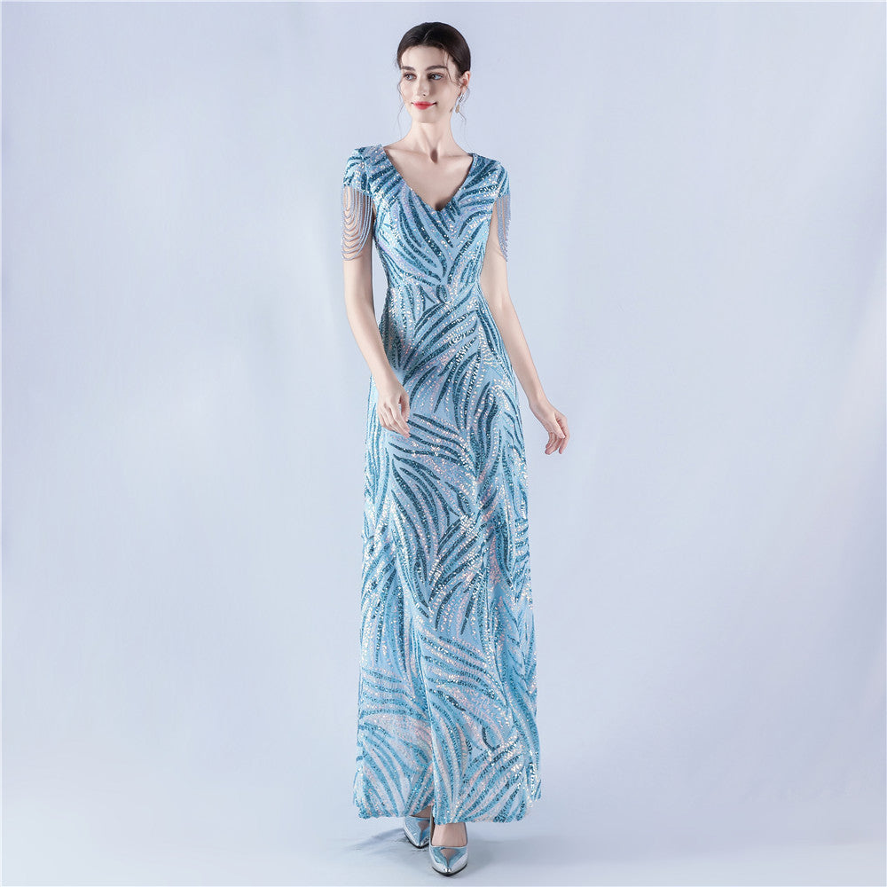 A-Line Evening Gown with Dense Sequins & Beading