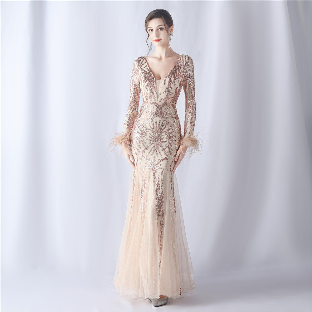 2024 High-End Gown with Ostrich Feathers, Sequins & Tulle