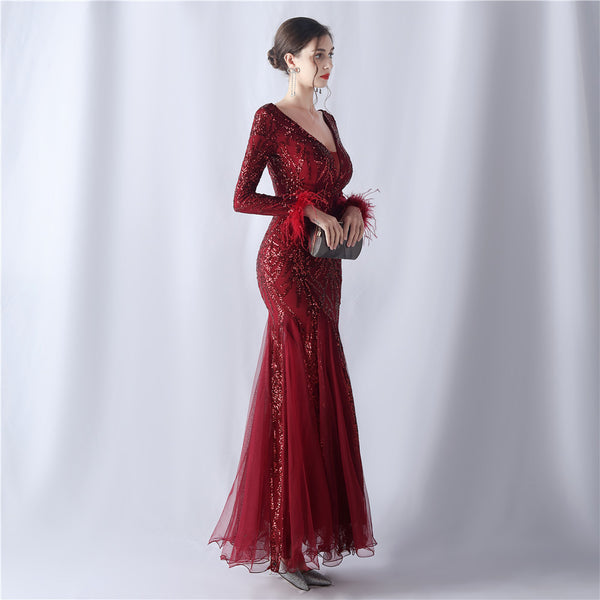 2024 High-End Gown with Ostrich Feathers, Sequins & Tulle