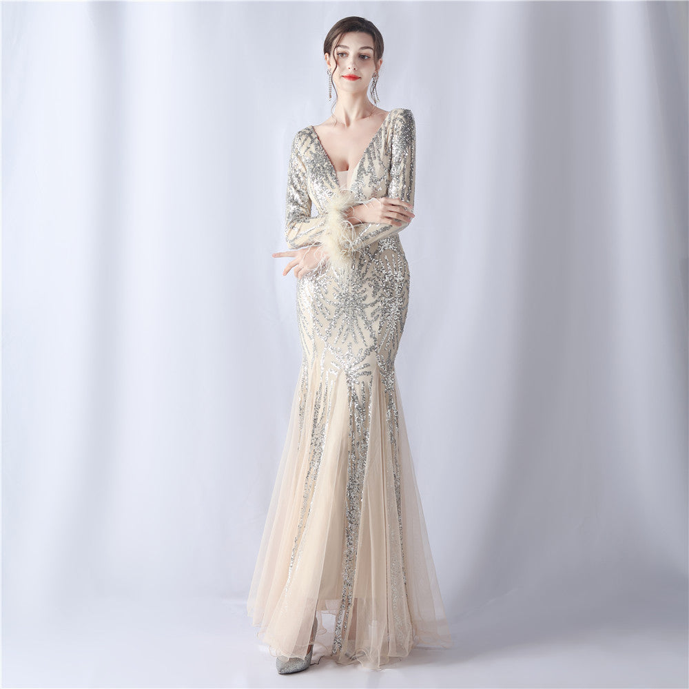 2024 High-End Gown with Ostrich Feathers, Sequins & Tulle
