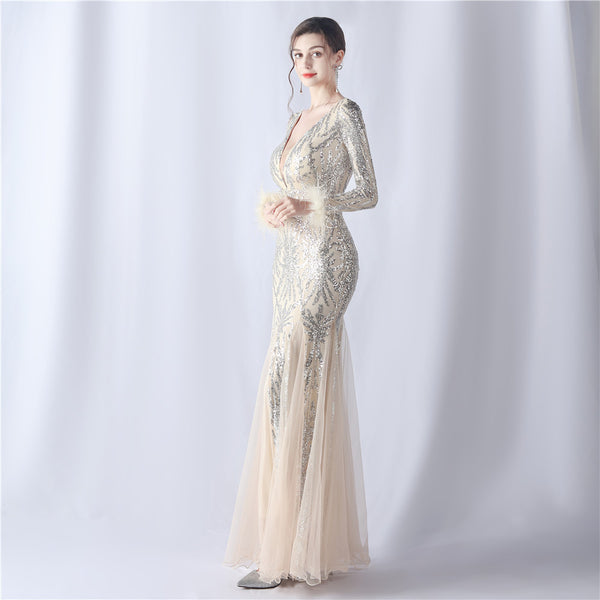 2024 High-End Gown with Ostrich Feathers, Sequins & Tulle