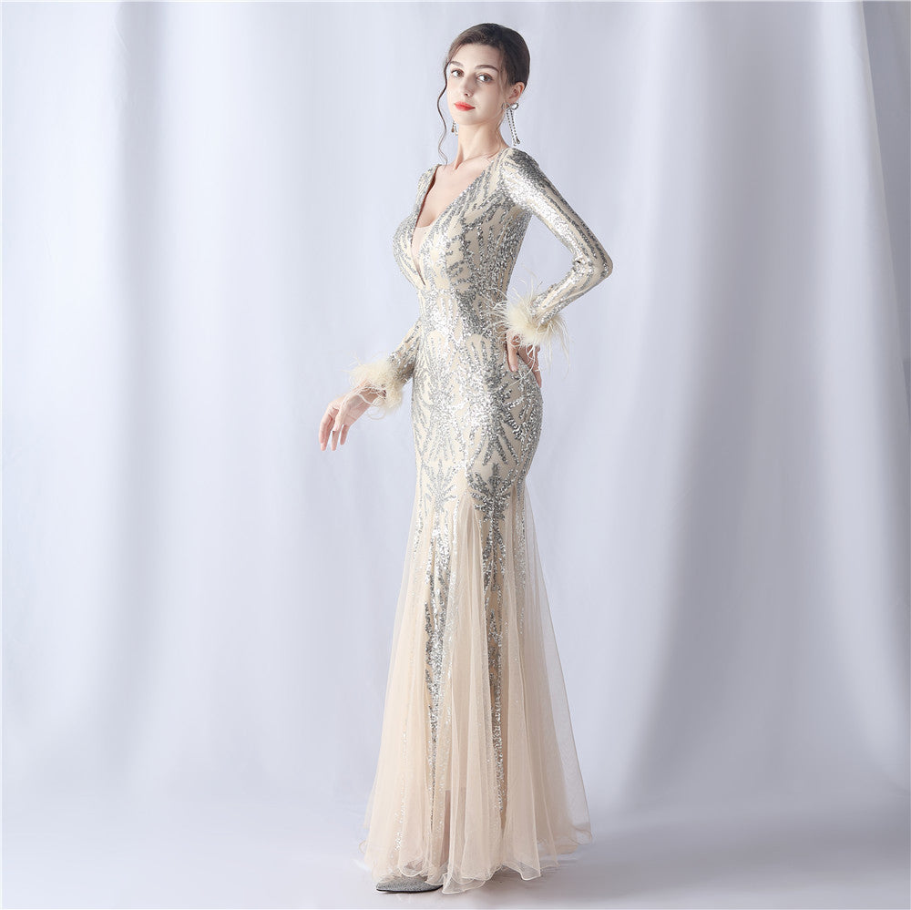 2024 High-End Gown with Ostrich Feathers, Sequins & Tulle