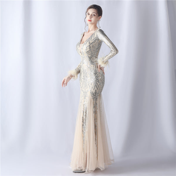 2024 High-End Gown with Ostrich Feathers, Sequins & Tulle